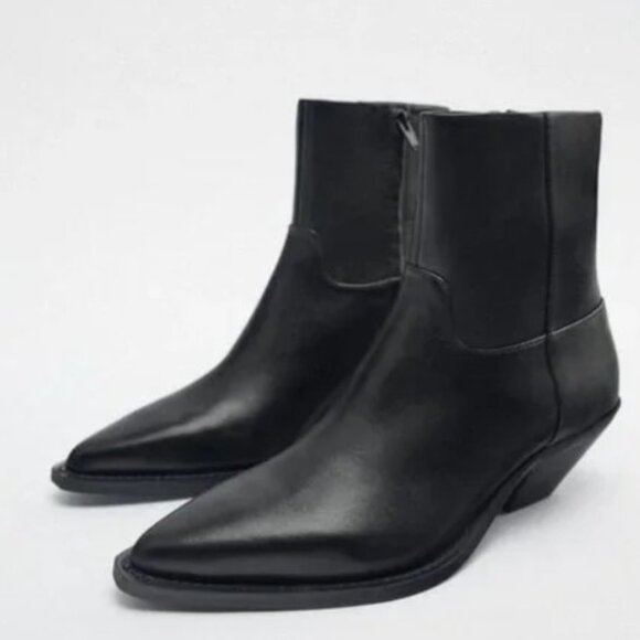 ZARA Black Leather Cowboy Ankle Boots Size 36 - Picture 1 of 16